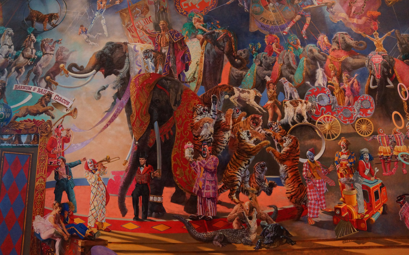 Vast mural showing acts from the circus past