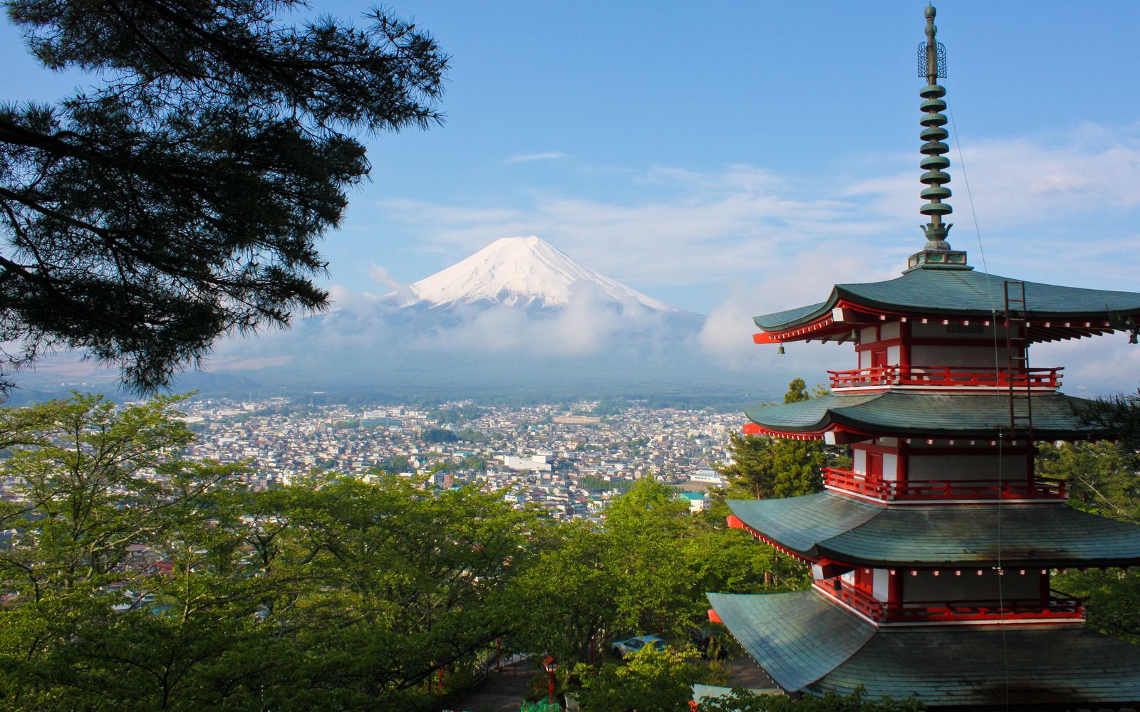 Typical Japanese pagoda with a view of Mount Fuji